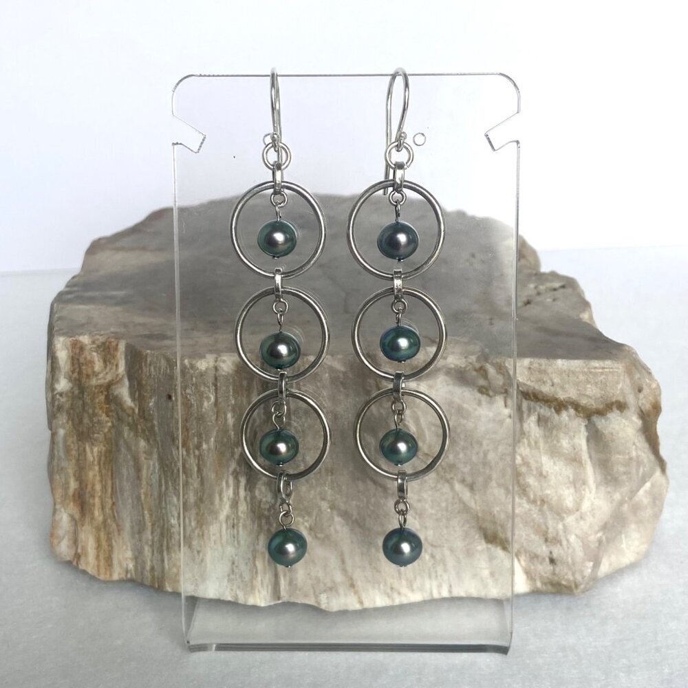 Sterling Silver 925 3" Long Round Triple Tiered Peacock Pearl Dangle Earrings